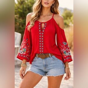Jodifl Red Embroidered Cold Shoulder Bell Sleeve Blouse Size S